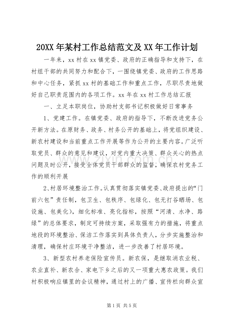 20XX年某村工作总结范文及XX年工作计划.docx_第1页