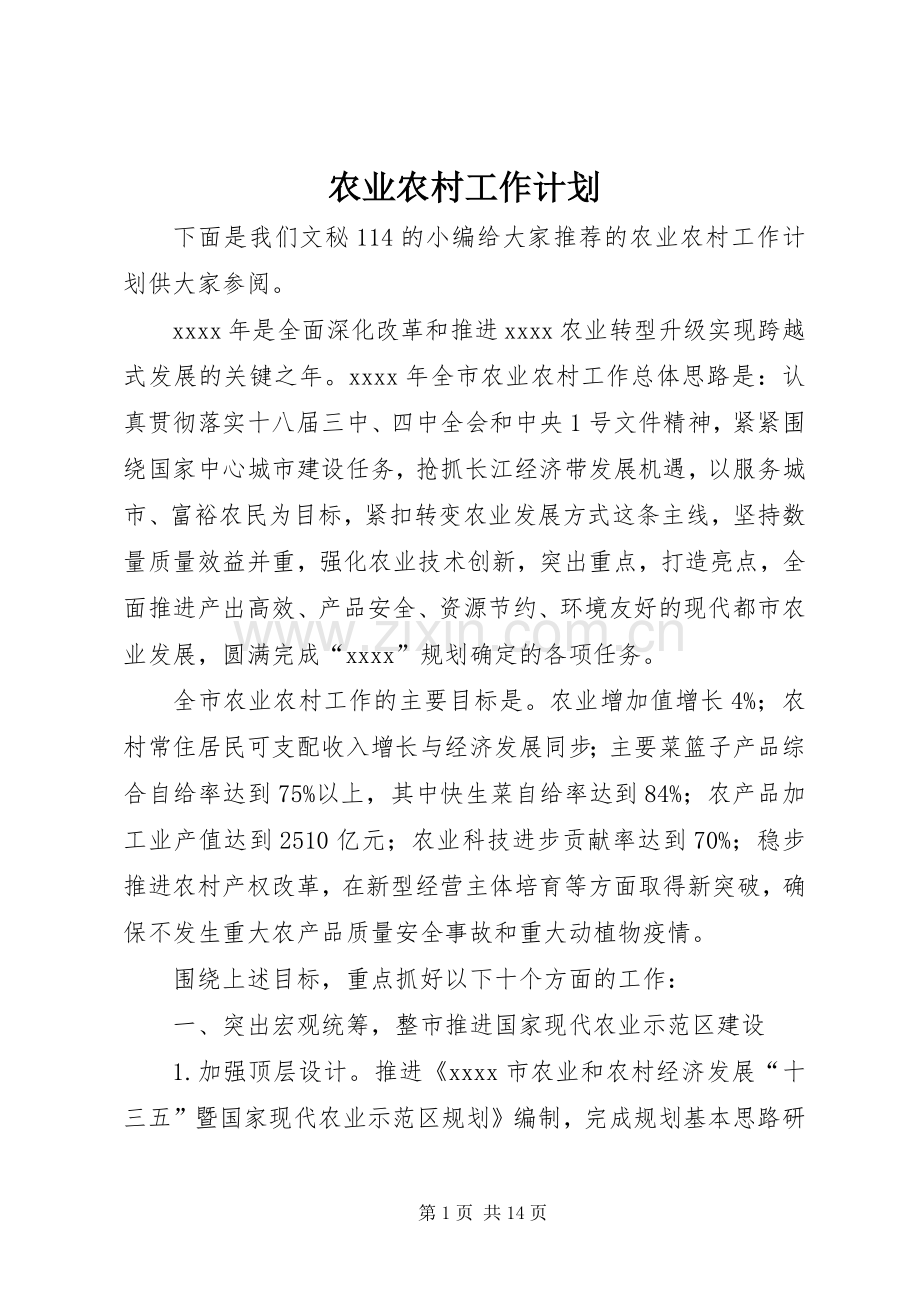 农业农村工作计划 .docx_第1页