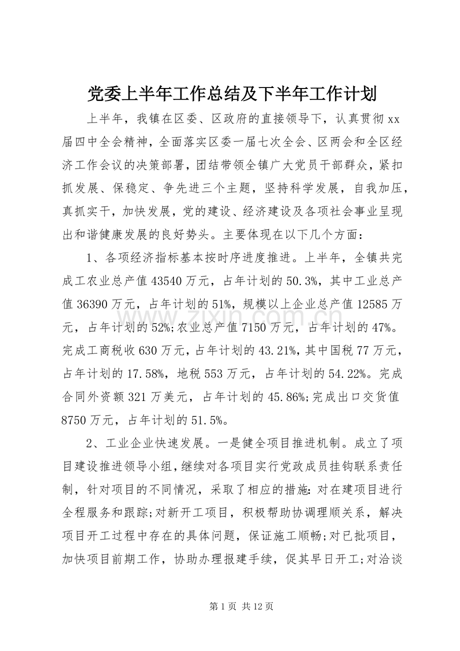 党委上半年工作总结及下半年工作计划 .docx_第1页