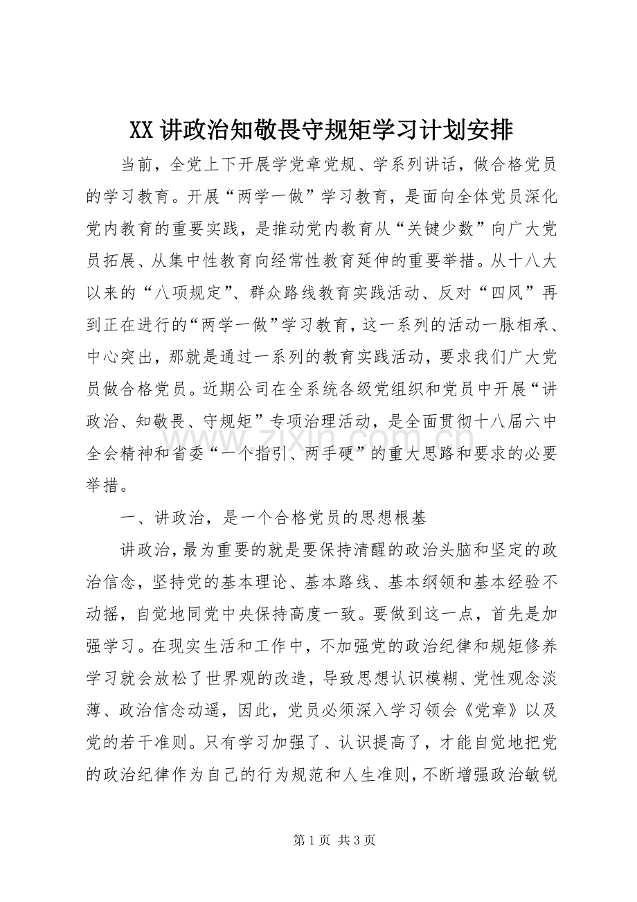 XX讲政治知敬畏守规矩学习计划安排.docx_第1页