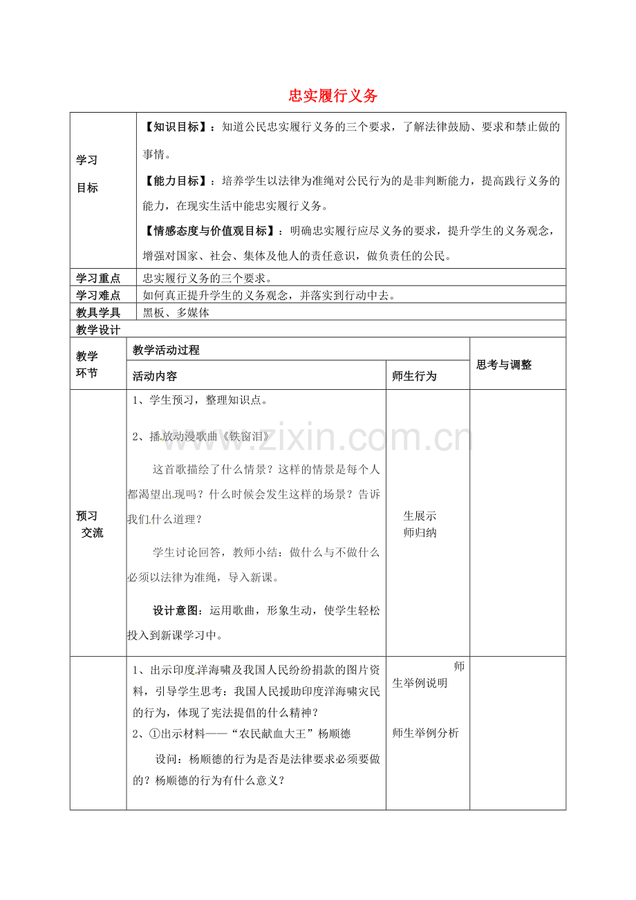 原春八年级政治下册 第一单元 第二课 第二框 忠实履行义务教案 新人教版-新人教版初中八年级下册政治教案.doc_第1页