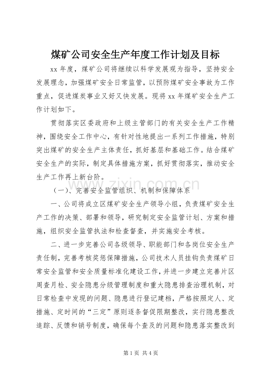 煤矿公司安全生产年度工作计划及目标.docx_第1页