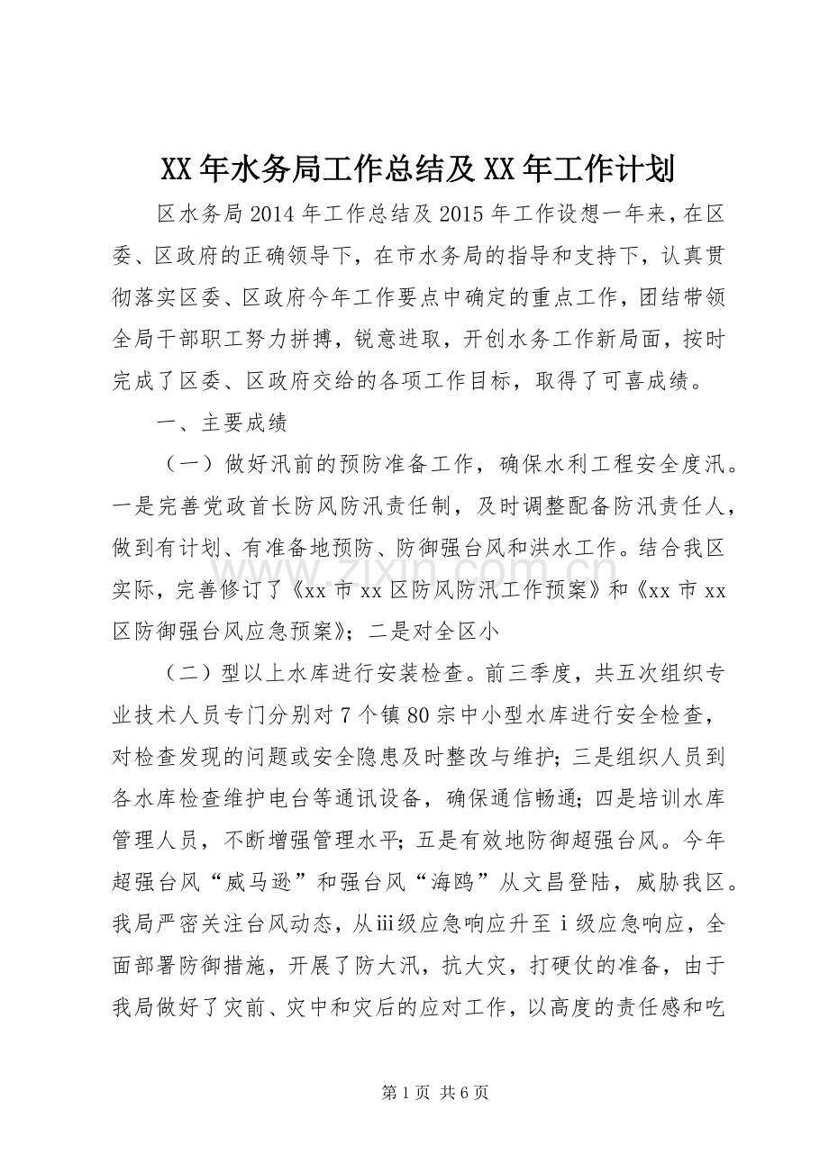 XX年水务局工作总结及XX年工作计划.docx_第1页