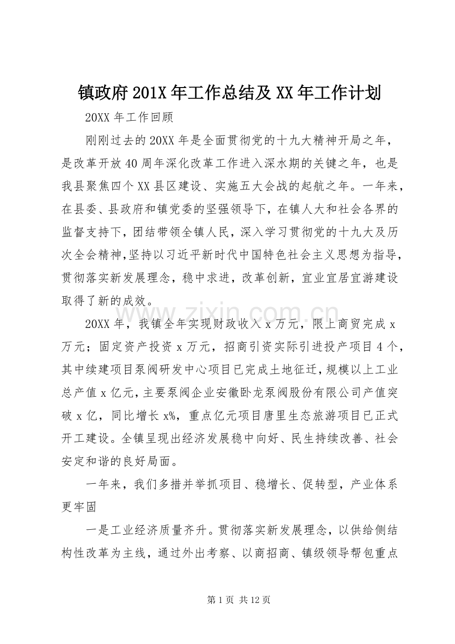 镇政府201X年工作总结及XX年工作计划.docx_第1页