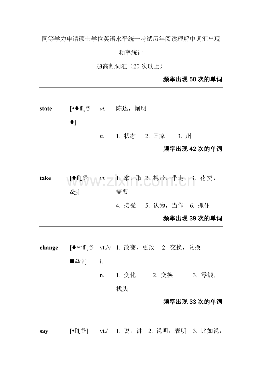 同等学力申请硕士学位英语水平统一考试历年阅读理解高频词汇.doc_第1页