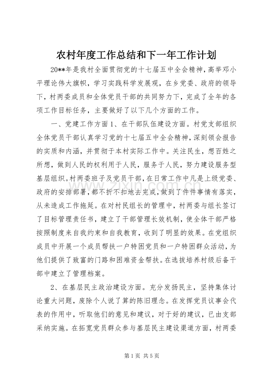 农村年度工作总结和下一年工作计划.docx_第1页