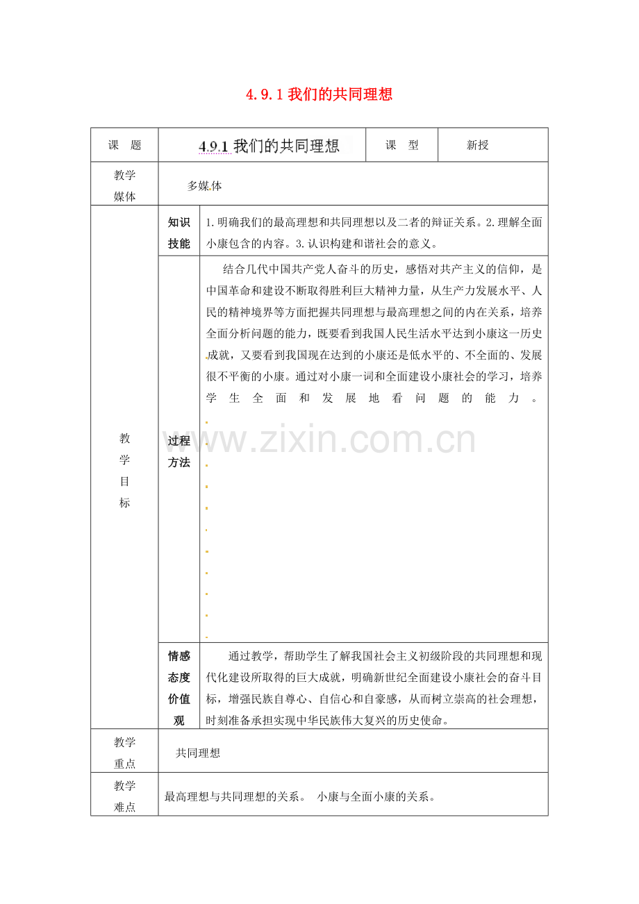 江苏省南通市实验中学九年级政治全册 4.9.1我们的共同理想教案 新人教版.doc_第1页