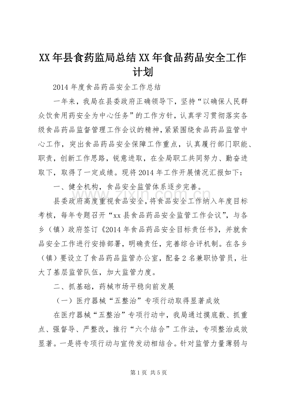 XX年县食药监局总结XX年食品药品安全工作计划 .docx_第1页