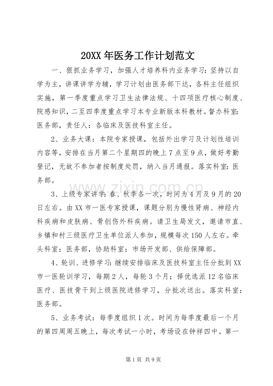 20XX年医务工作计划范文.docx_第1页