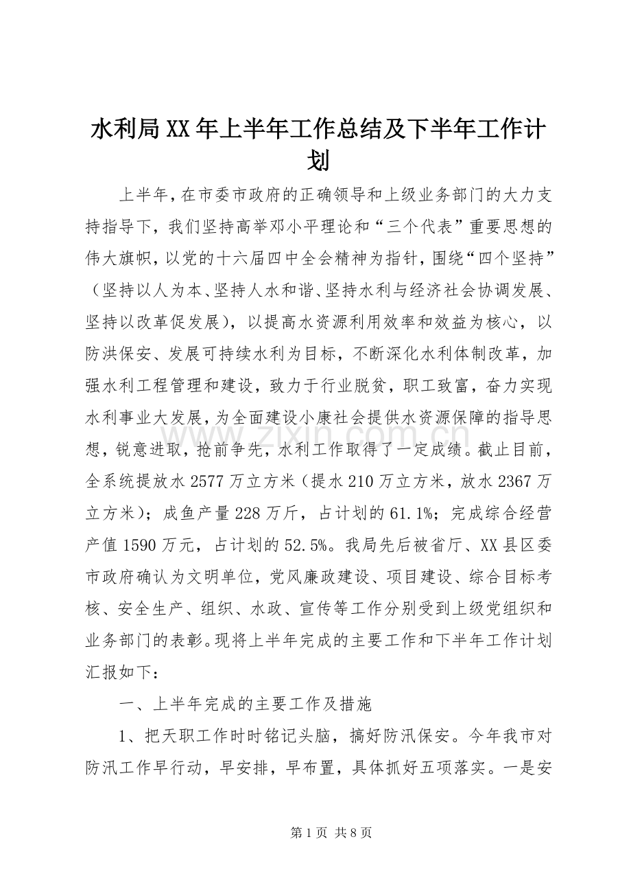 水利局XX年上半年工作总结及下半年工作计划 .docx_第1页