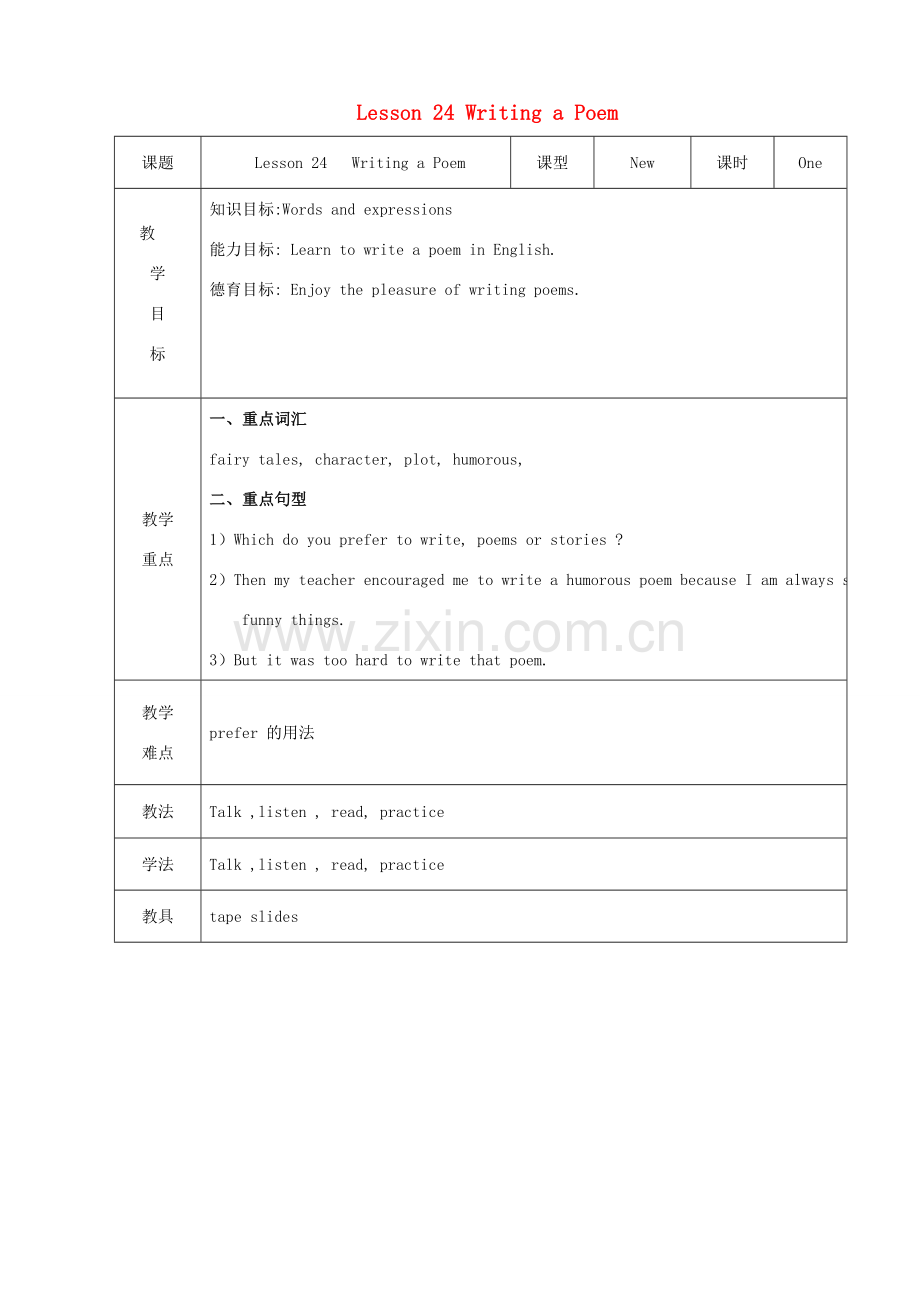 九年级英语上册 Unit 4 Lesson 24 Writing a Poem教案 （新版）冀教版-（新版）冀教版初中九年级上册英语教案.doc_第1页