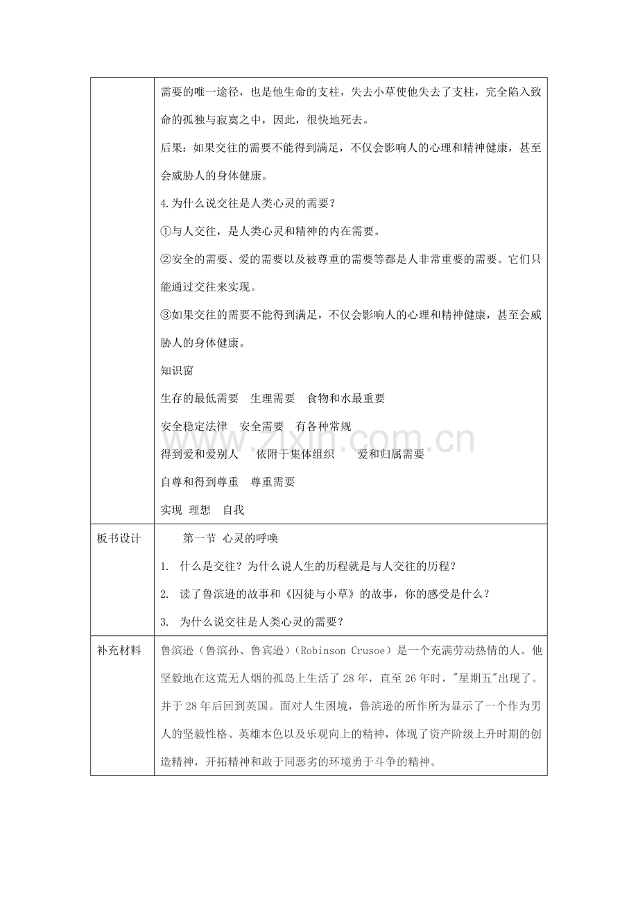 （秋季版）七年级道德与法治下册 第一单元 人与人之间 1.1 心灵的呼唤教案 教科版-教科版初中七年级下册政治教案.doc_第2页