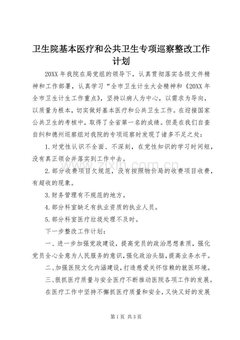 卫生院基本医疗和公共卫生专项巡察整改工作计划 .docx_第1页