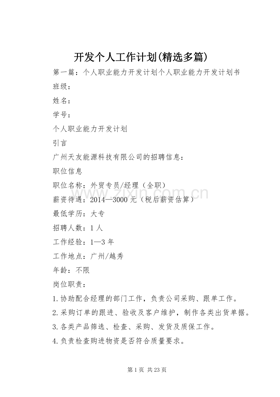 开发个人工作计划(多篇) .docx_第1页