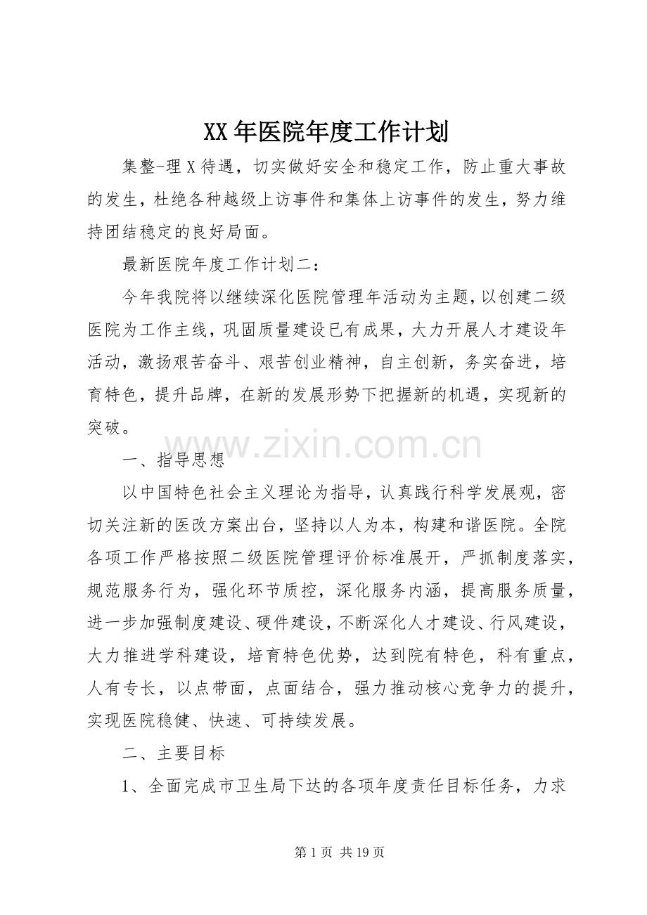 XX年医院年度工作计划.docx_第1页