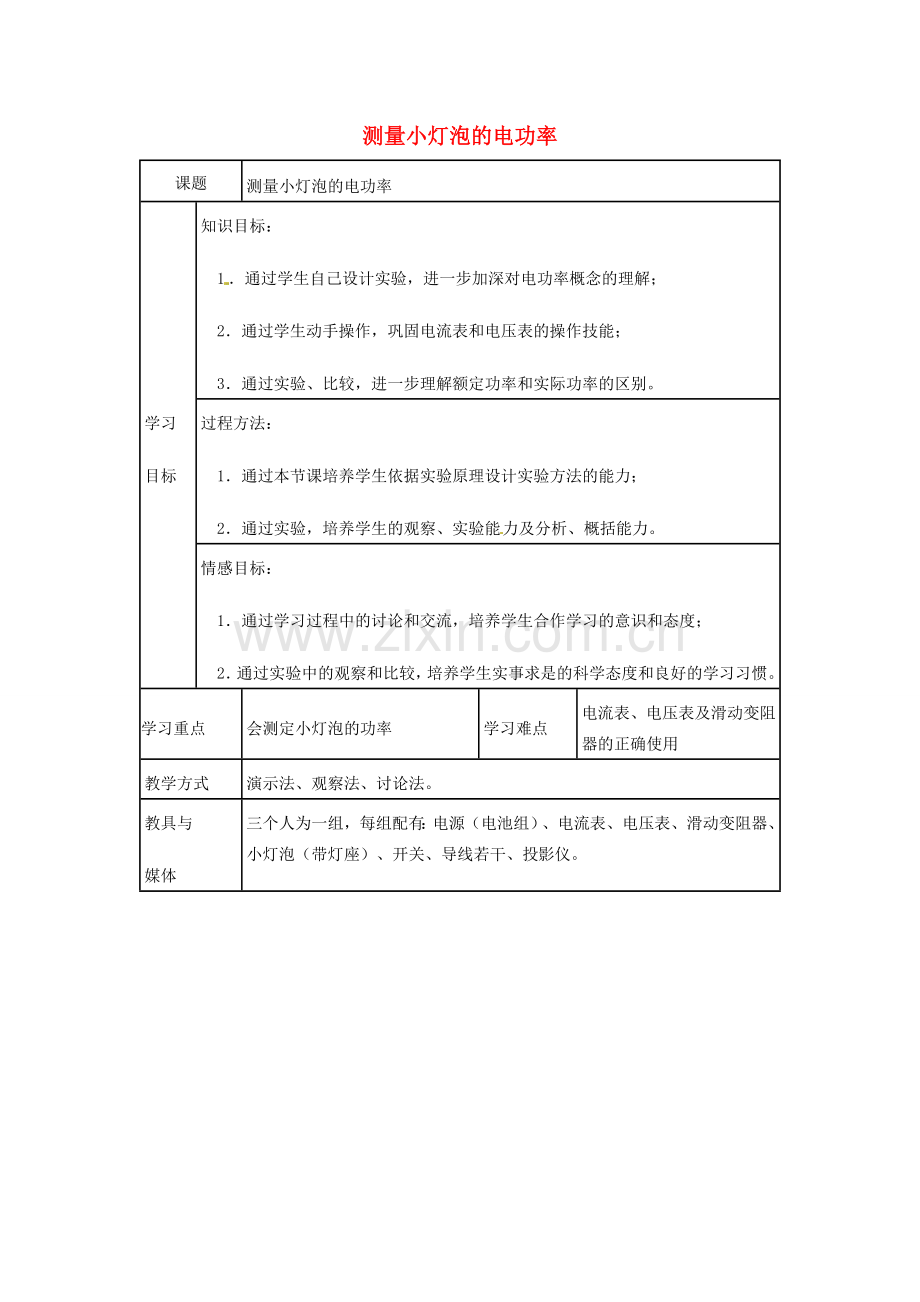 安徽省枞阳县钱桥初级中学九年级物理上册《18.3 测量小灯泡的电功率》教学设计 新人教版.doc_第1页
