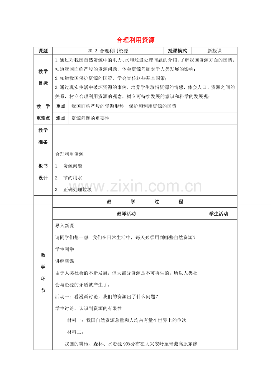 八年级政治下册 第六单元 复兴中华 第20课 保护我们共有的家园 第二框 合理利用资源教案 苏教版-苏教版初中八年级下册政治教案.doc_第1页