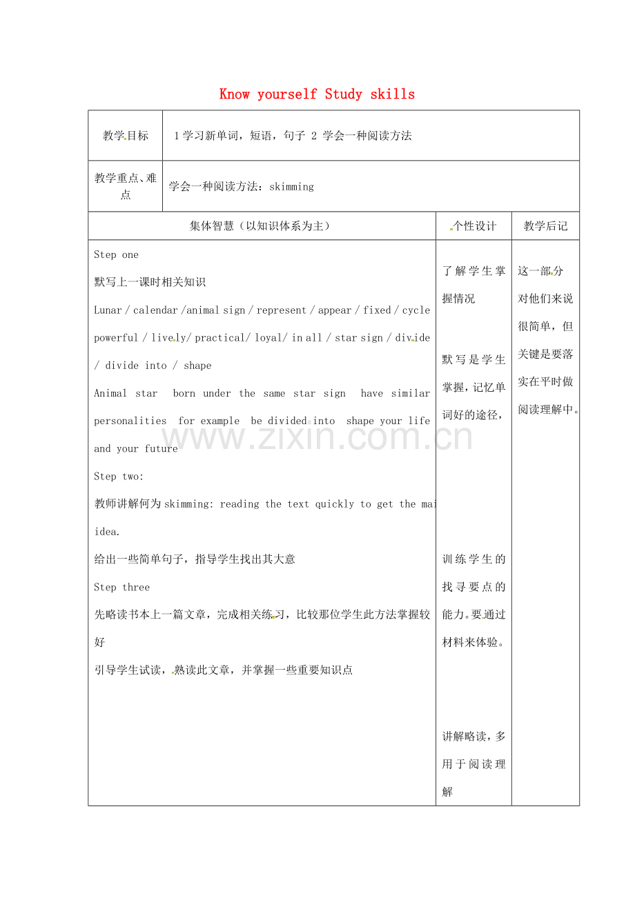 九年级英语上册 Unit 1 Know yourself Study skills教案 （新版）牛津版-（新版）牛津版初中九年级上册英语教案.doc_第1页