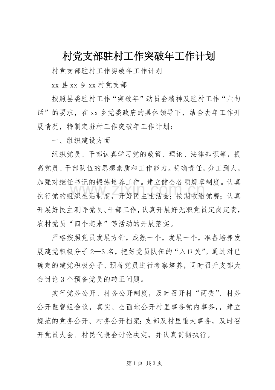 村党支部驻村工作突破年工作计划.docx_第1页