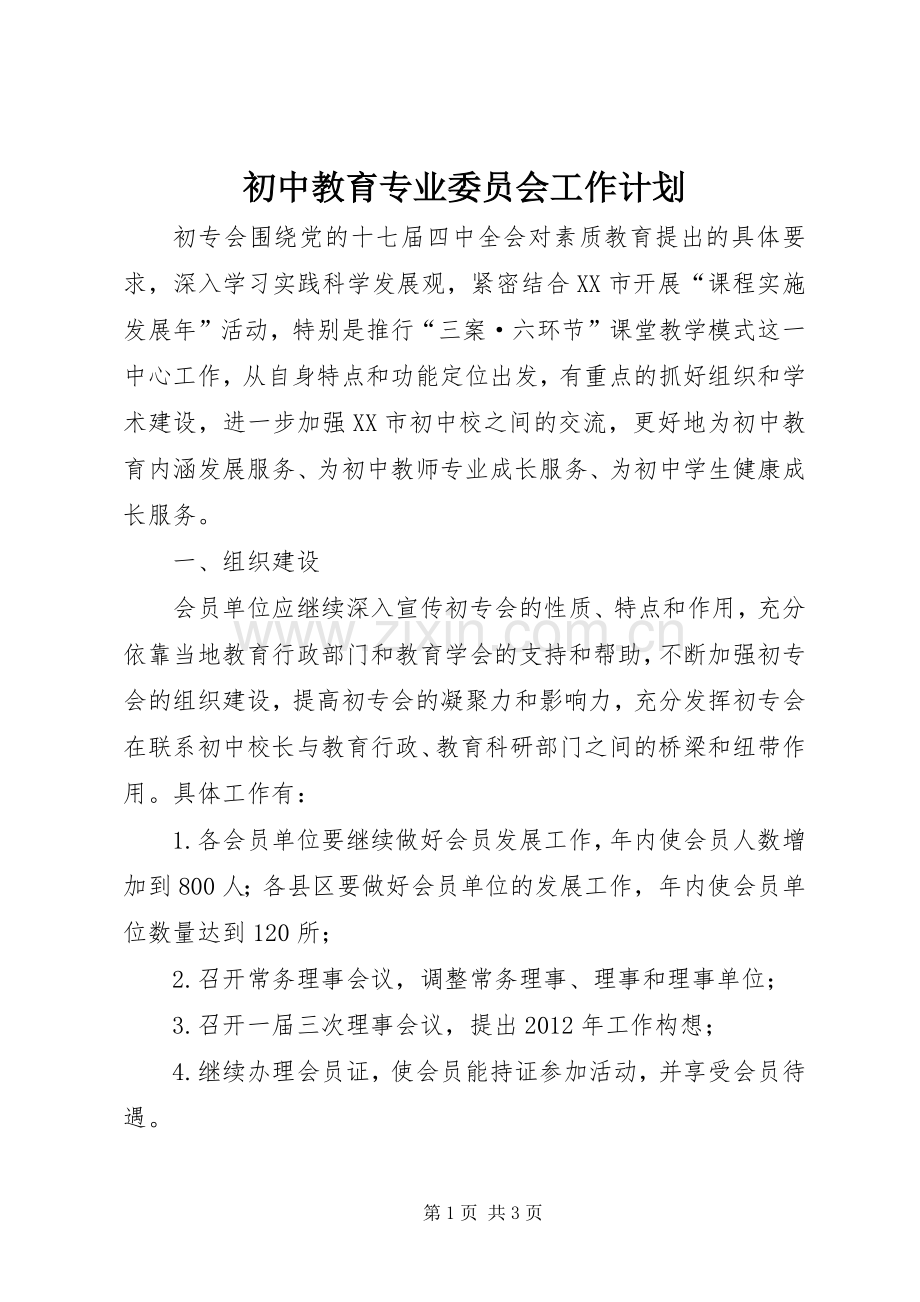 初中教育专业委员会工作计划 .docx_第1页