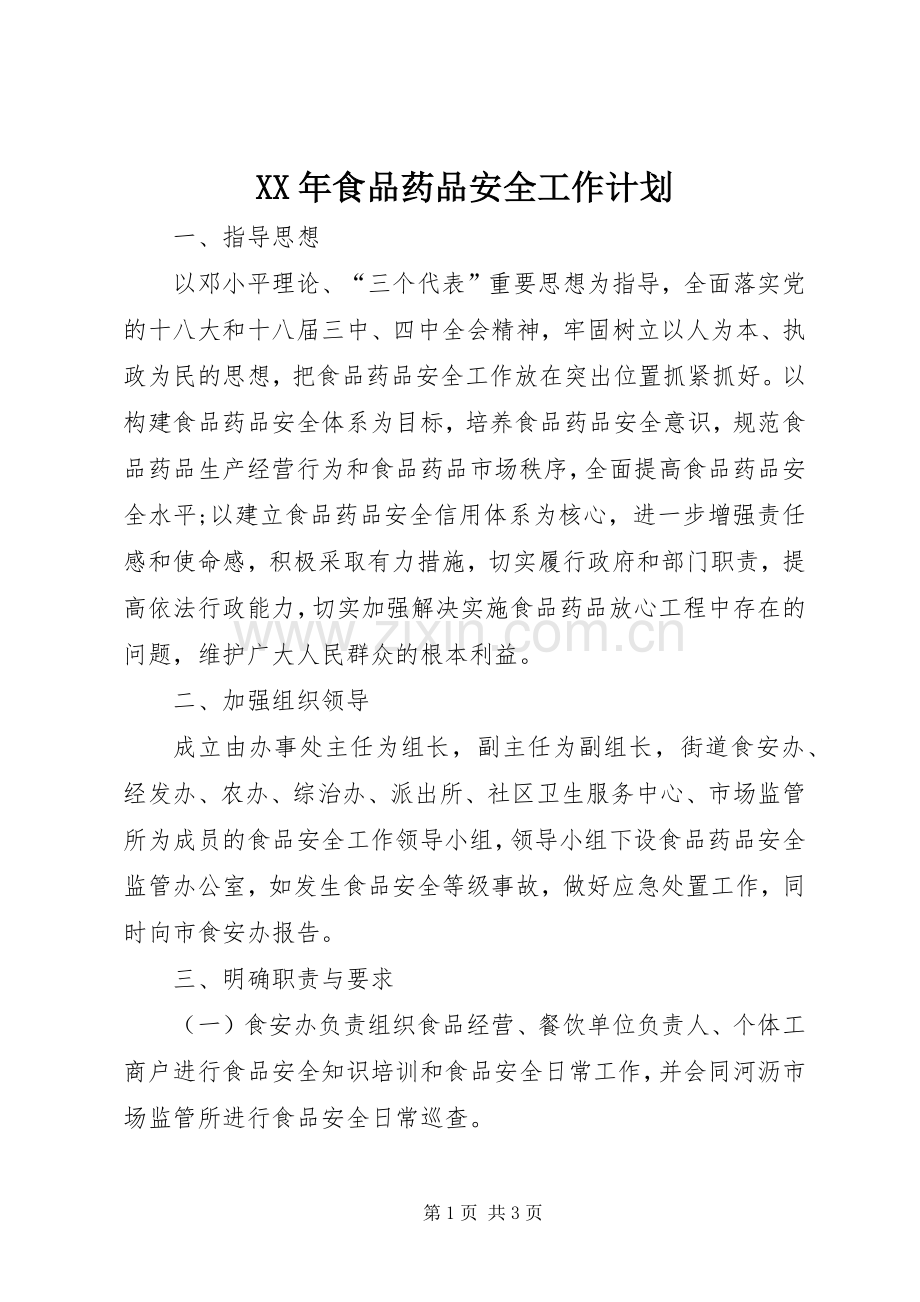 XX年食品药品安全工作计划.docx_第1页