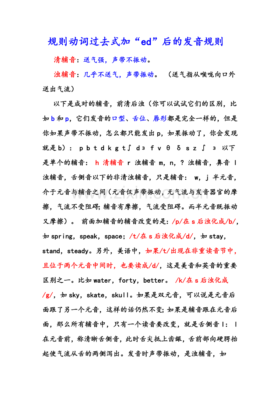 清辅音与浊辅音、规则动词过去式加“ed”后的发音规则、动词第三人称单数的变化规则及发音规律.doc_第1页