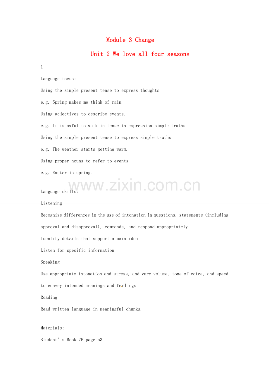 七年级英语下册 Module 3 Unit 2 We love all four seasons教案 上海牛津版.doc_第1页