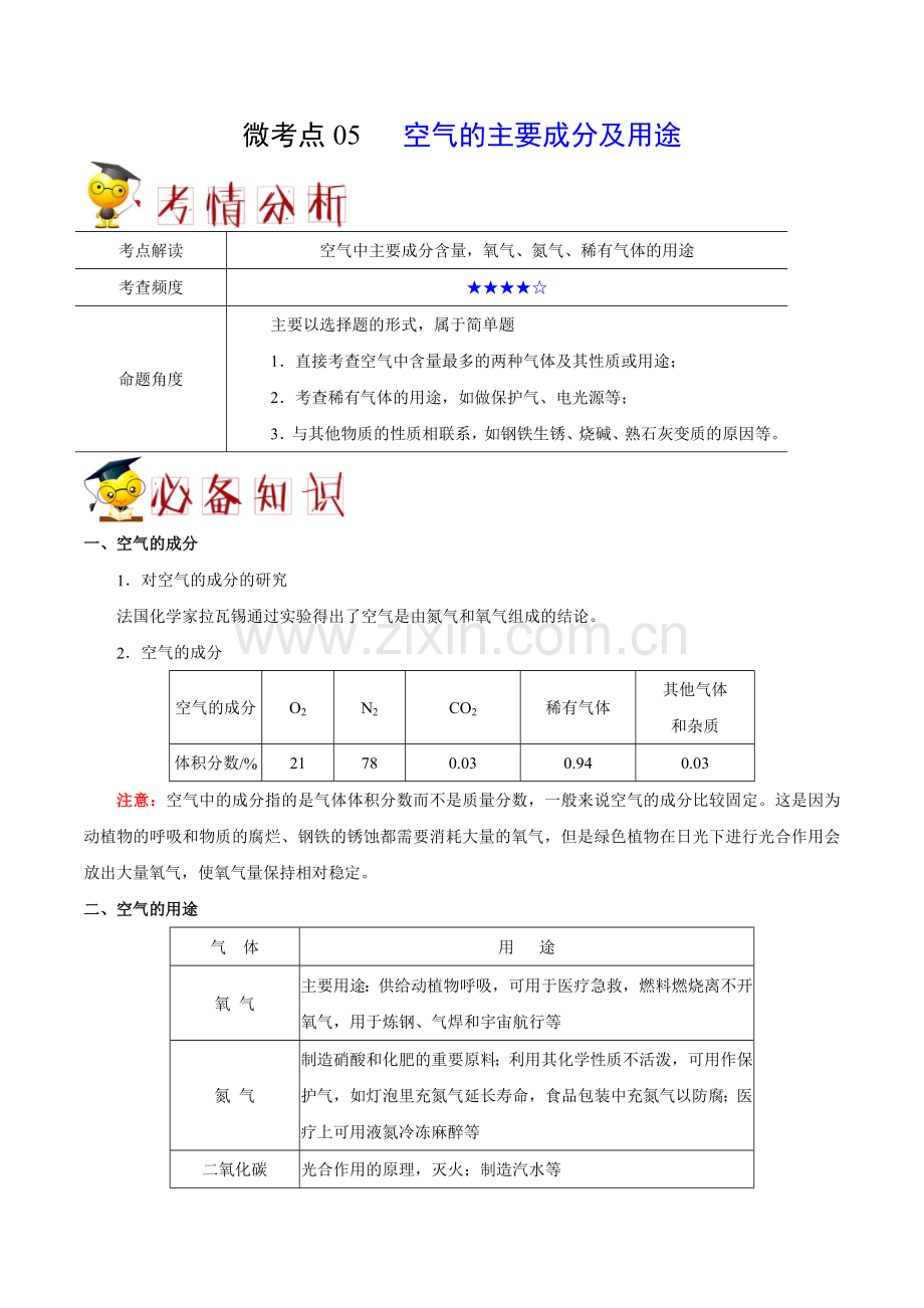 微考点05空气的主要成分及用途-备战2018年中考化学之微考点（一轮复习）（解析版）.doc_第1页