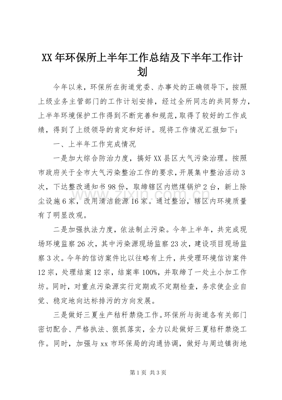 XX年环保所上半年工作总结及下半年工作计划.docx_第1页
