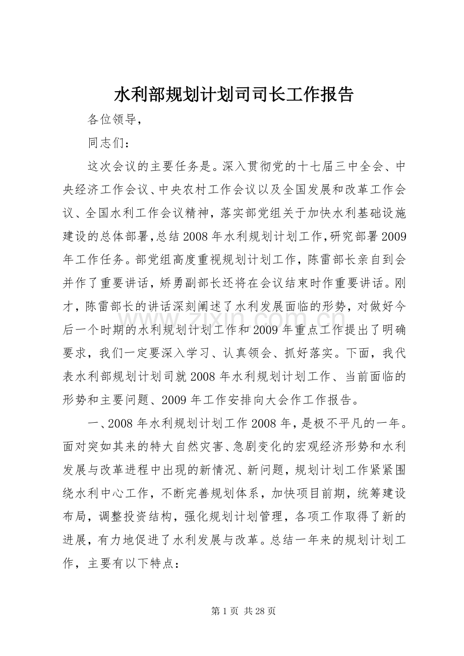 水利部规划计划司司长工作报告 .docx_第1页