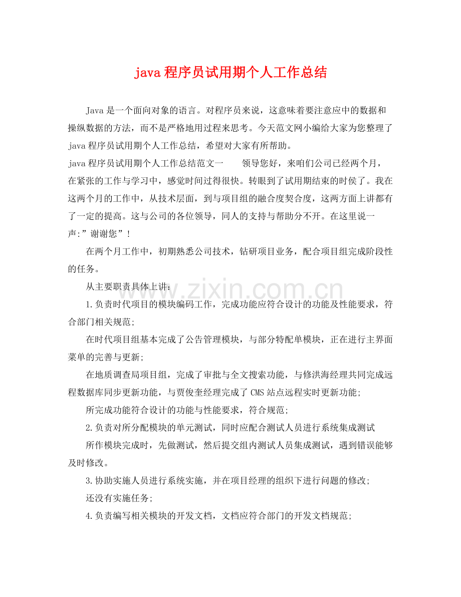 java程序员试用期个人工作总结 .docx_第1页