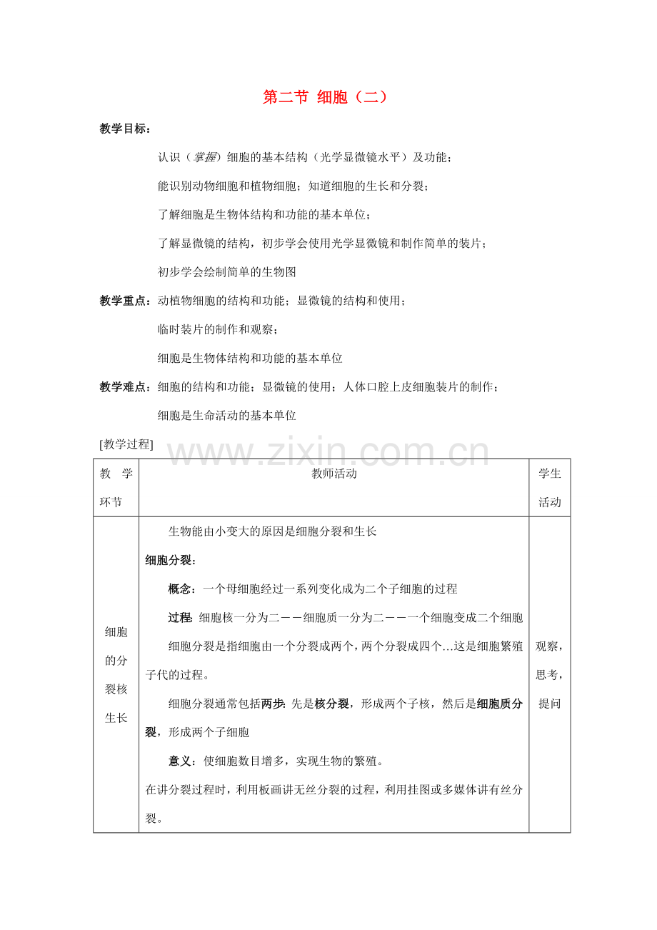 七年级科学下册 第五章 生物体的结构层次 2.细胞（二）华东师大版.doc_第1页