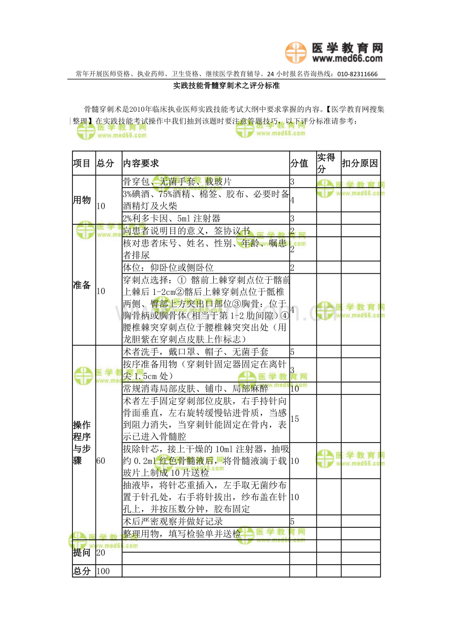实践技能骨髓穿刺术之评分标准.doc_第1页