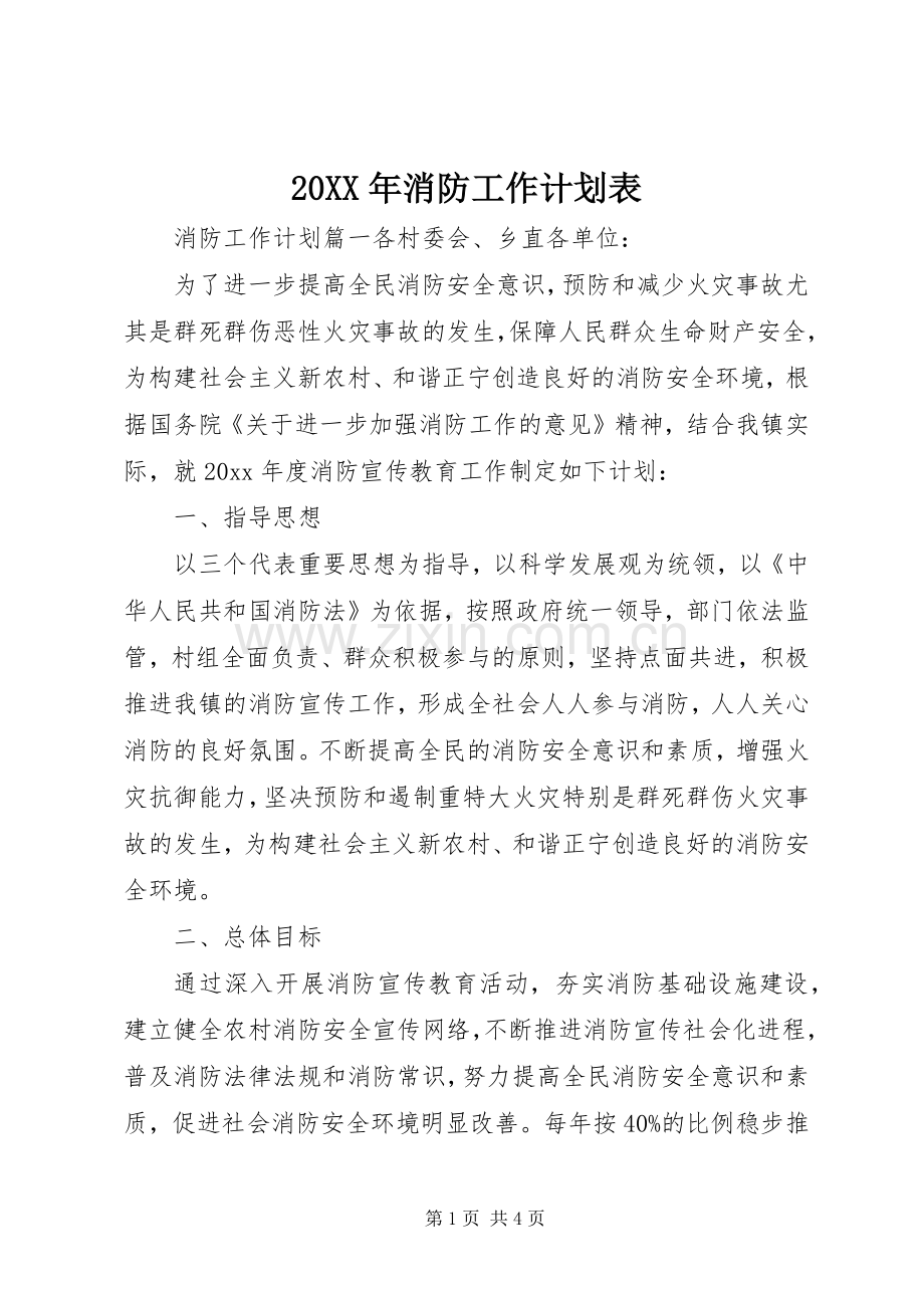 20XX年消防工作计划表.docx_第1页