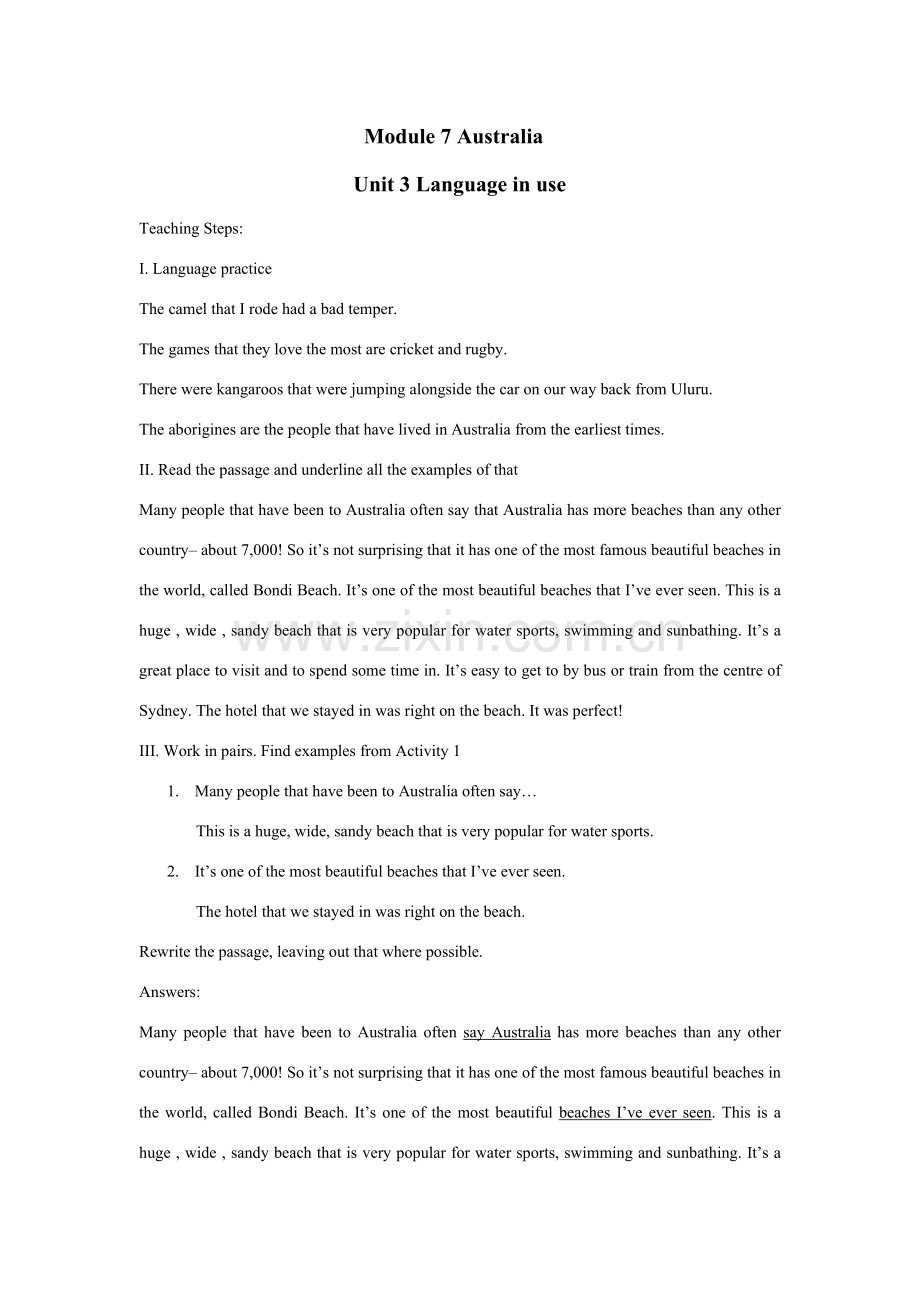 九年级英语上：Module 7 Australia Unit 3 Language in use教案（外研版）.doc_第1页