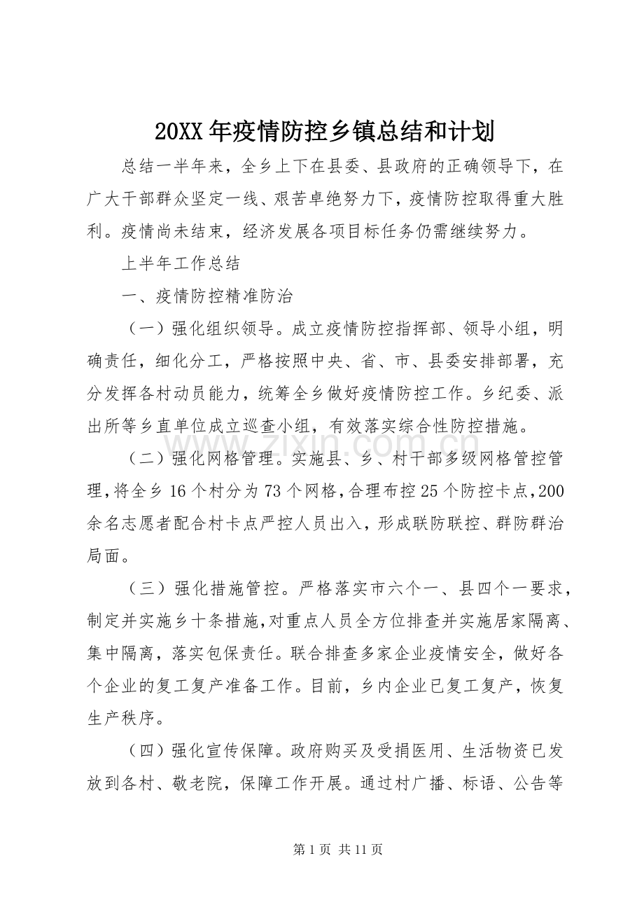 20XX年疫情防控乡镇总结和计划.docx_第1页