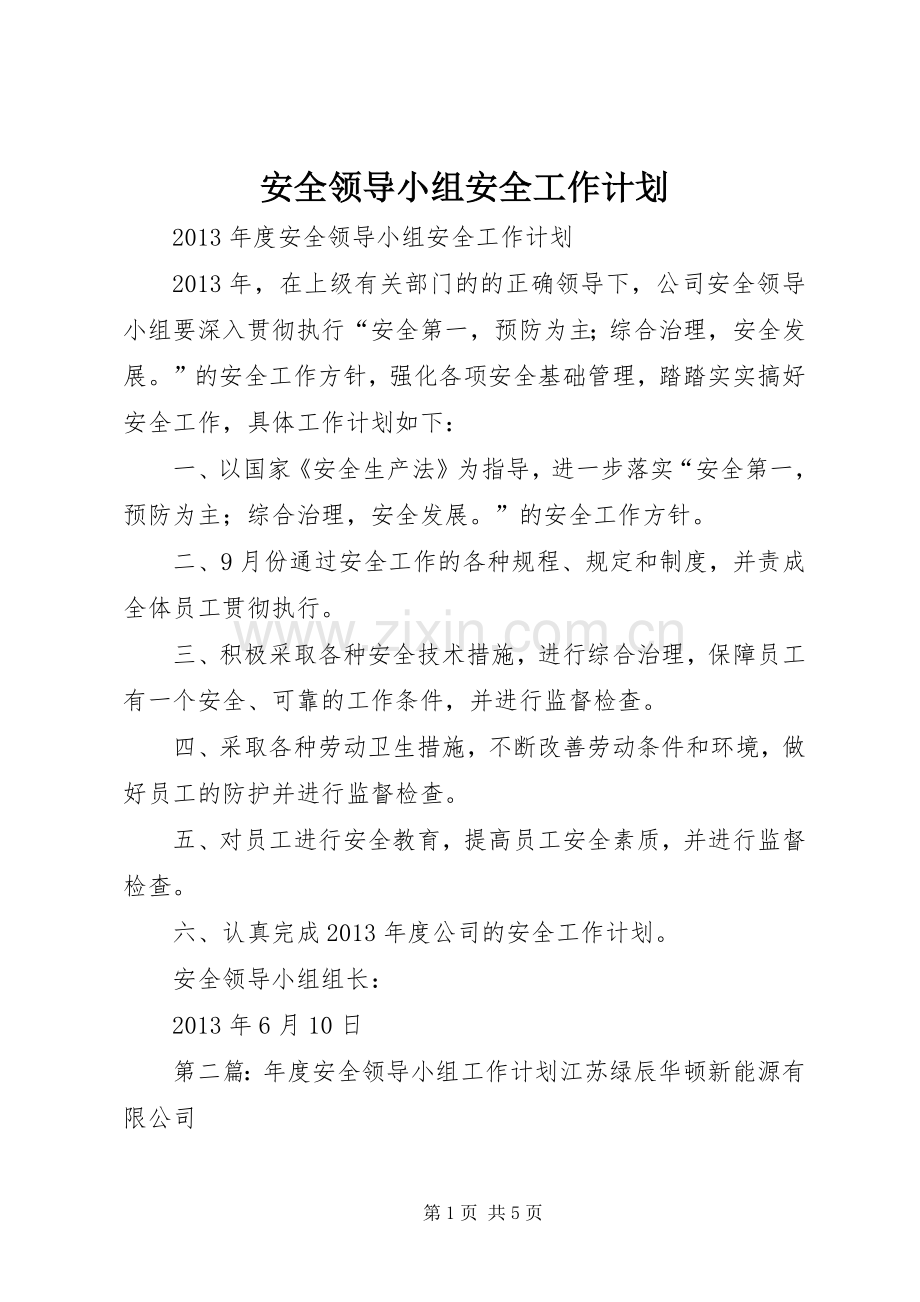 安全领导小组安全工作计划.docx_第1页