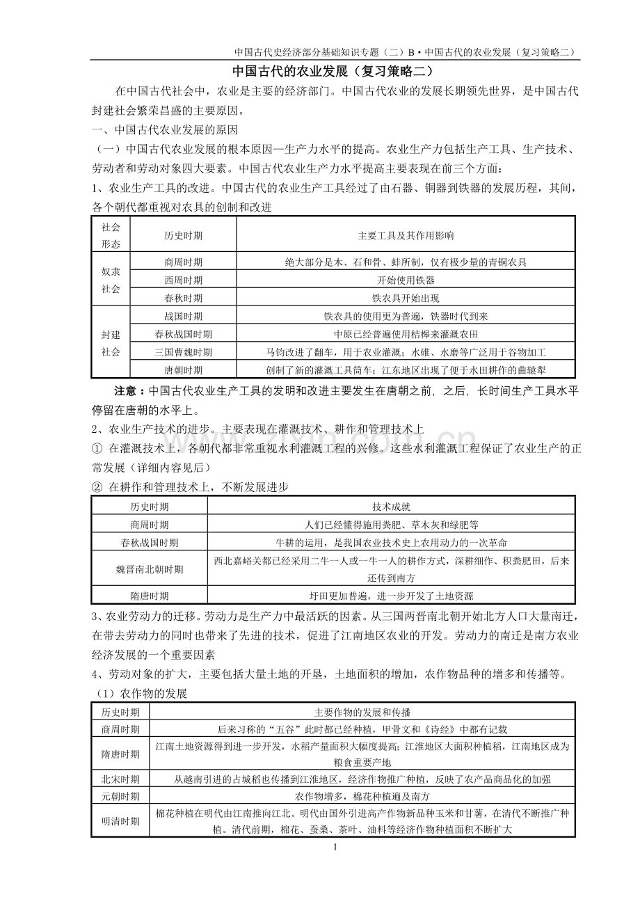 中国古代史经济部分基础知识专题（二）B·中国古代的农业发展（复习策略二）.doc_第1页