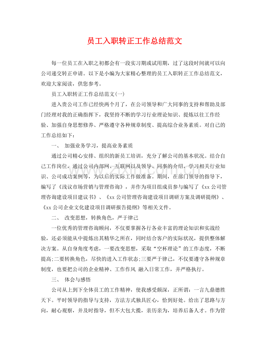 员工入职转正工作总结范文 .docx_第1页