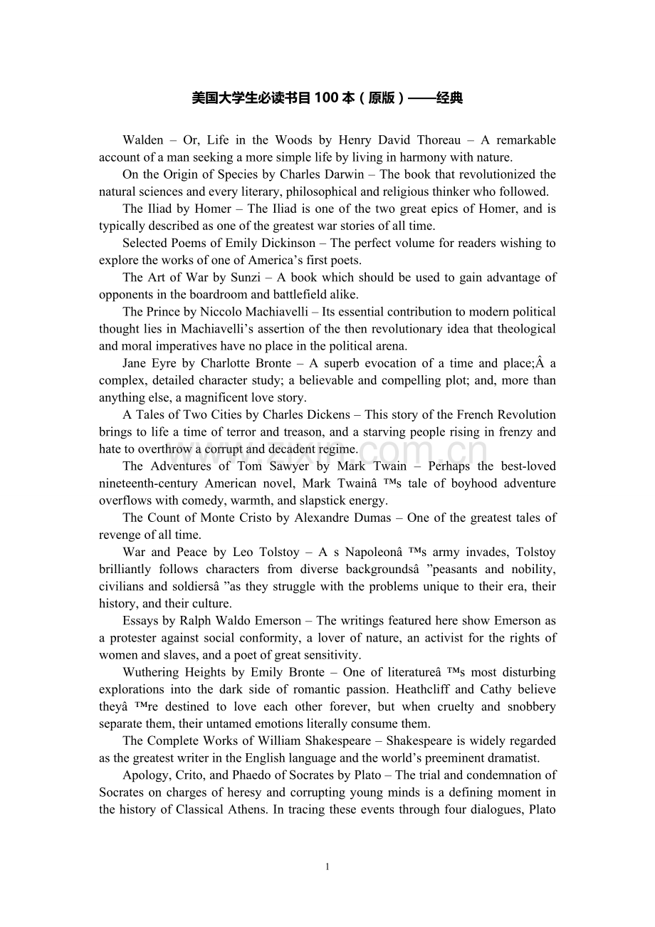 美国大学生必读书目100本（原版）.doc_第1页