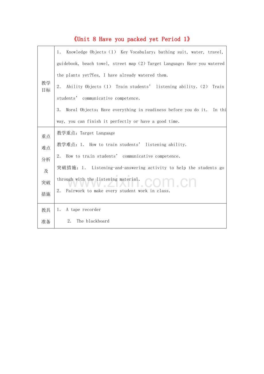 山东省龙口市诸由观镇诸由中学八年级英语下册《Unit 8 Have you packed yet Period 1》教案 鲁教版五四制.doc_第1页