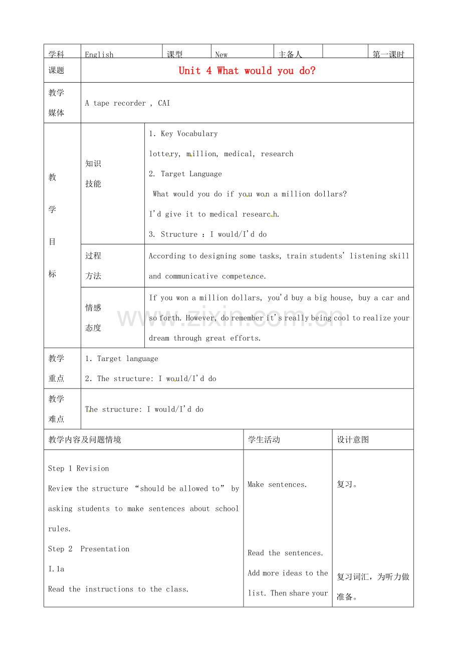 山东省滨州市邹平县九年级英语全册《Unit 4 What would you do》（第1课时）教案 人教新目标版.doc_第1页