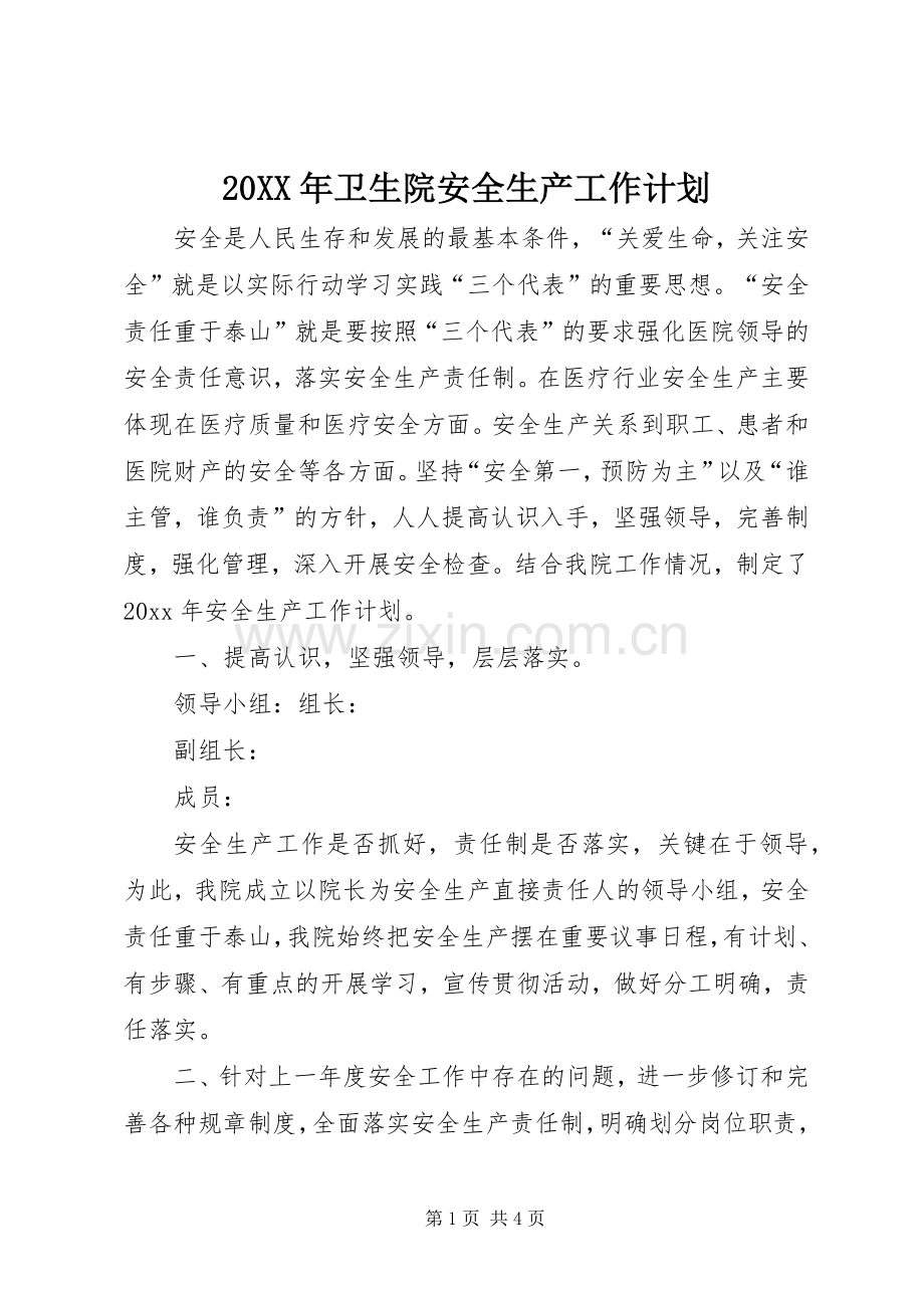 20XX年卫生院安全生产工作计划.docx_第1页
