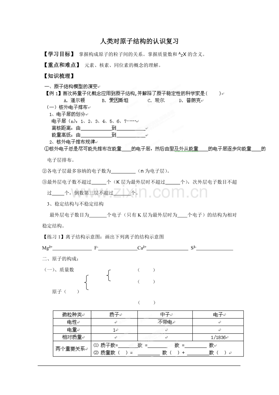 浙江省安吉县振民中学高一化学《人类对原子结构的认识》学案.doc_第1页