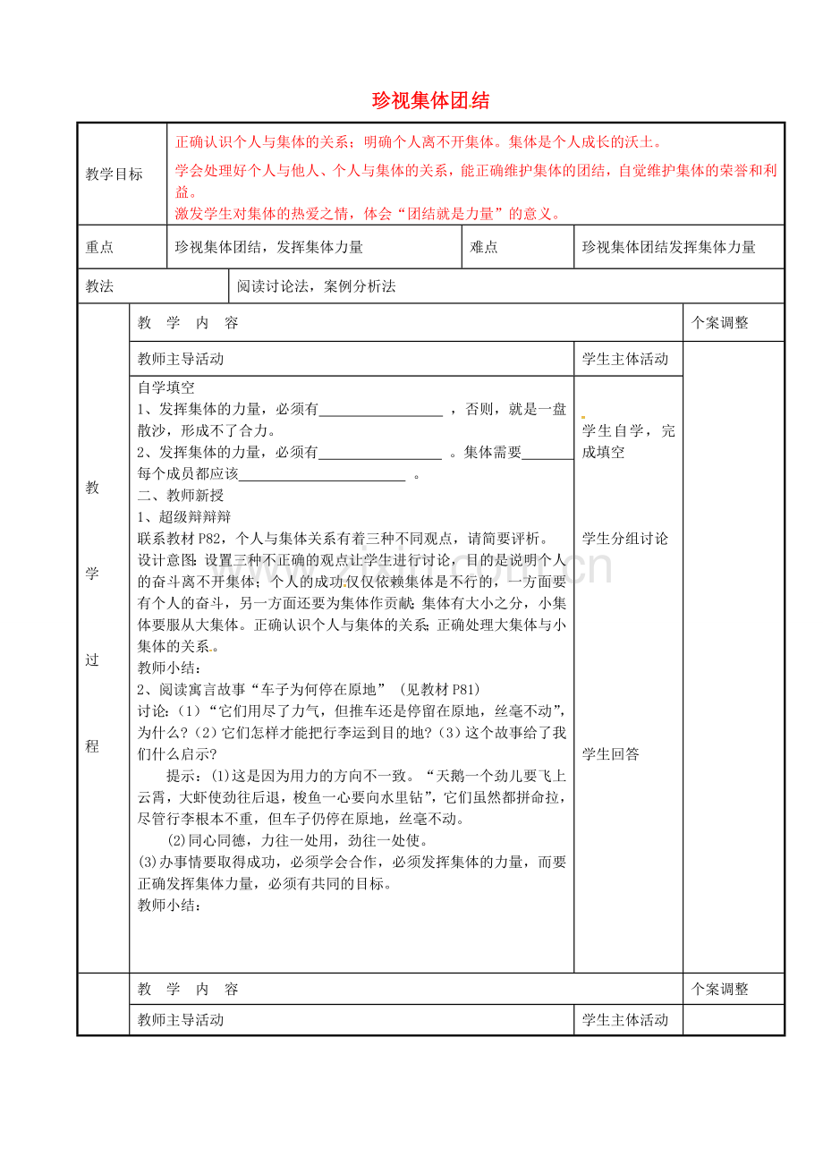七年级政治上册 9.2 珍视集体团结教案 苏教版-苏教版初中七年级上册政治教案.doc_第1页