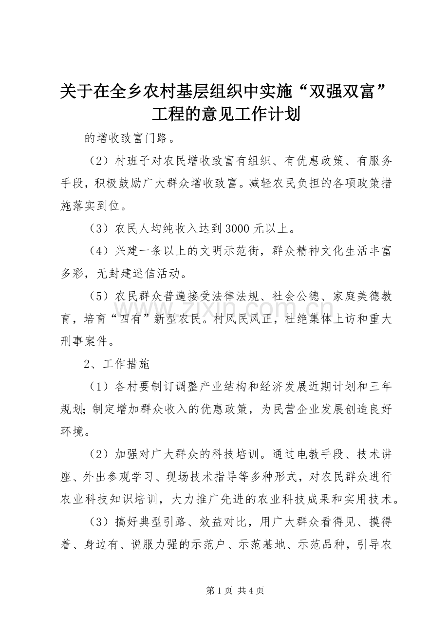 关于在全乡农村基层组织中实施“双强双富”工程的意见工作计划 .docx_第1页