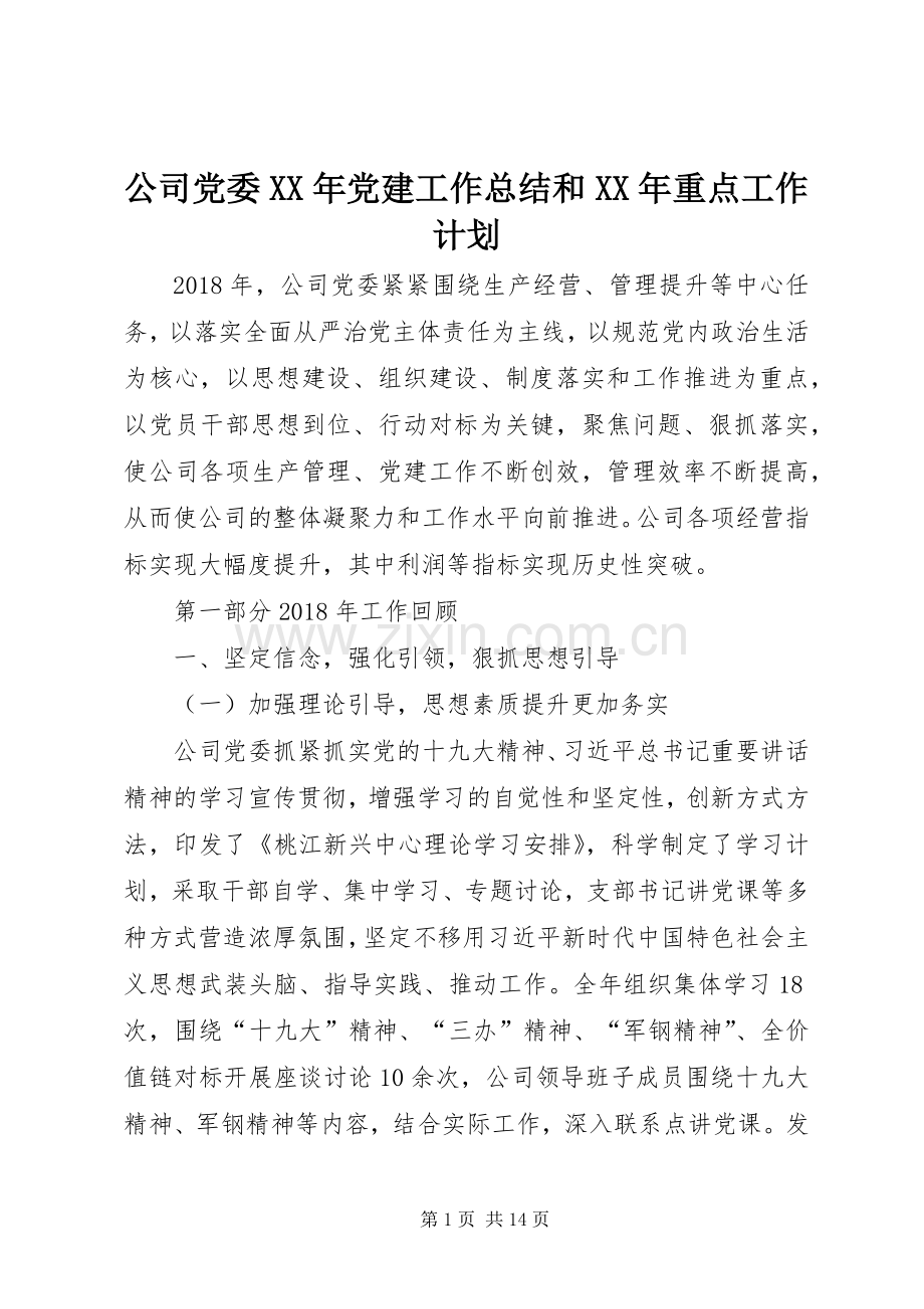公司党委XX年党建工作总结和XX年重点工作计划.docx_第1页
