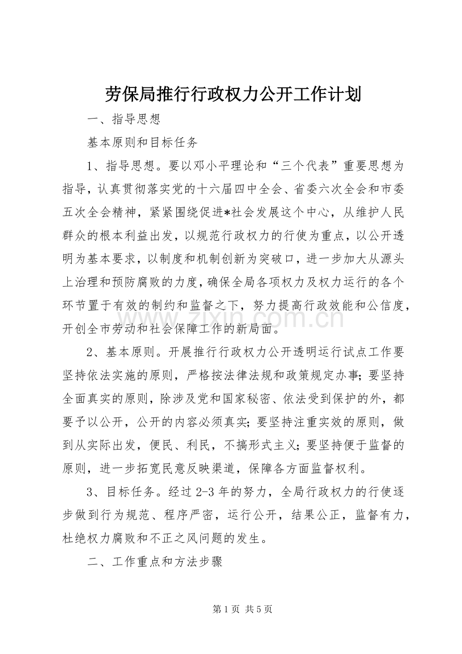 劳保局推行行政权力公开工作计划.docx_第1页