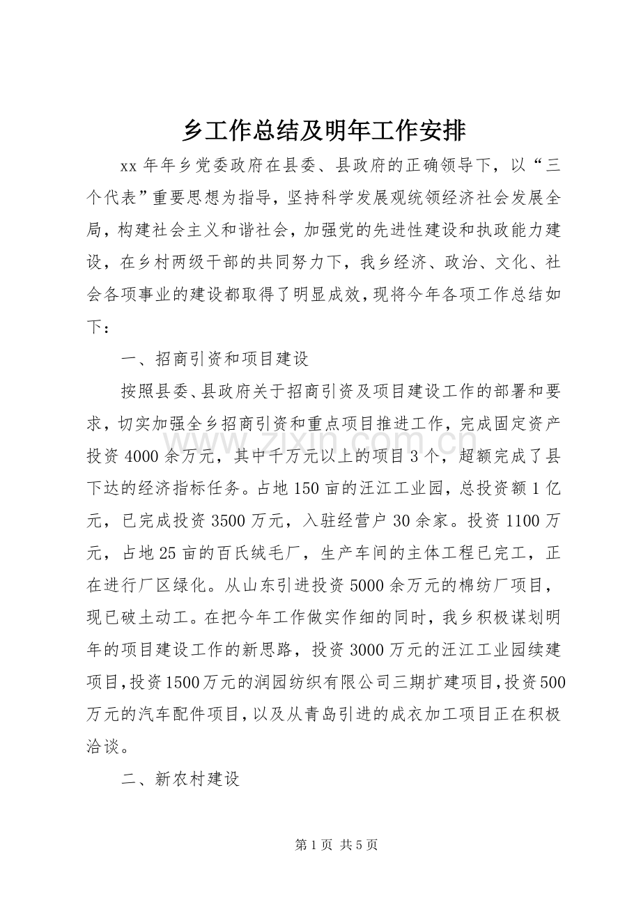 乡工作总结及明年工作安排.docx_第1页