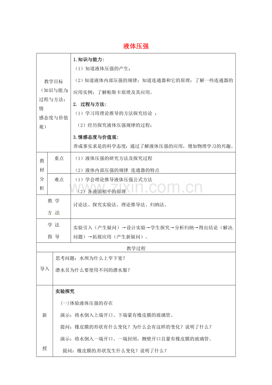 八年级物理下册 第9章 第2节 液体压强教案 （新版）新人教版-（新版）新人教版初中八年级下册物理教案.doc_第1页